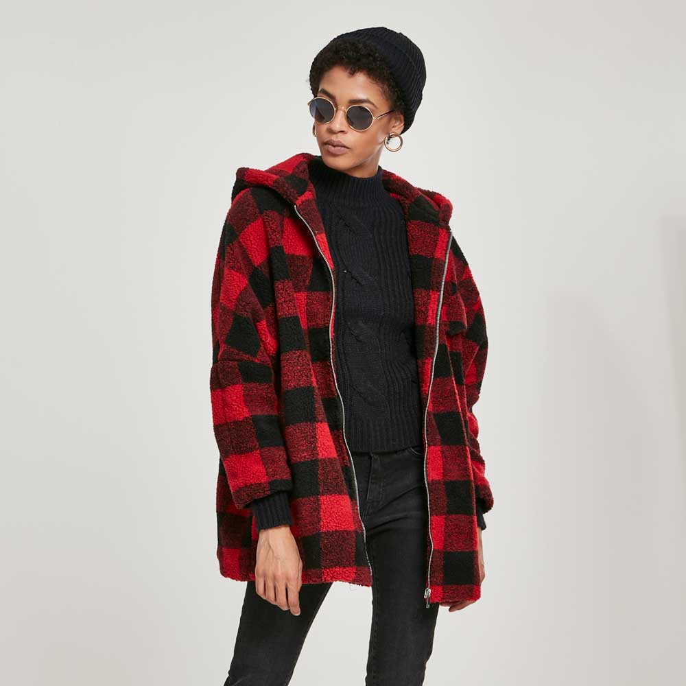 Urban Classics - Oversized Check Sherpa Manteau d'hiver - Rouge/Noir